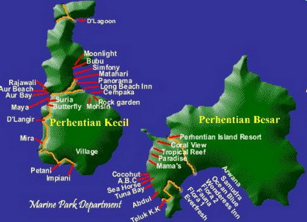 map of Perhentians, showing bungalow locations
