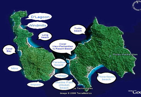 satellite image of the Perhentians, with main beaches identified